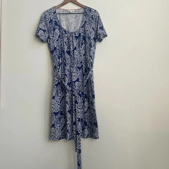 Boden 10R Elspeth Jersey Scoop Neck Tie Waist Belted Lapis Blue Paisley Dress - Picture 3 of 14